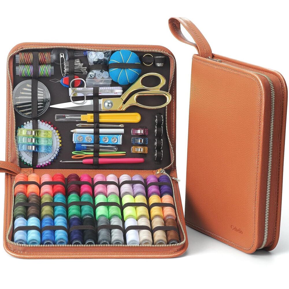 Large Sewing Kit for Adults: 2-Year Supply for Home Mending (Brown)